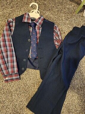 Tommy Hilfiger Navy Vest & Pants with Red Plaid Shirt and Navy Tie